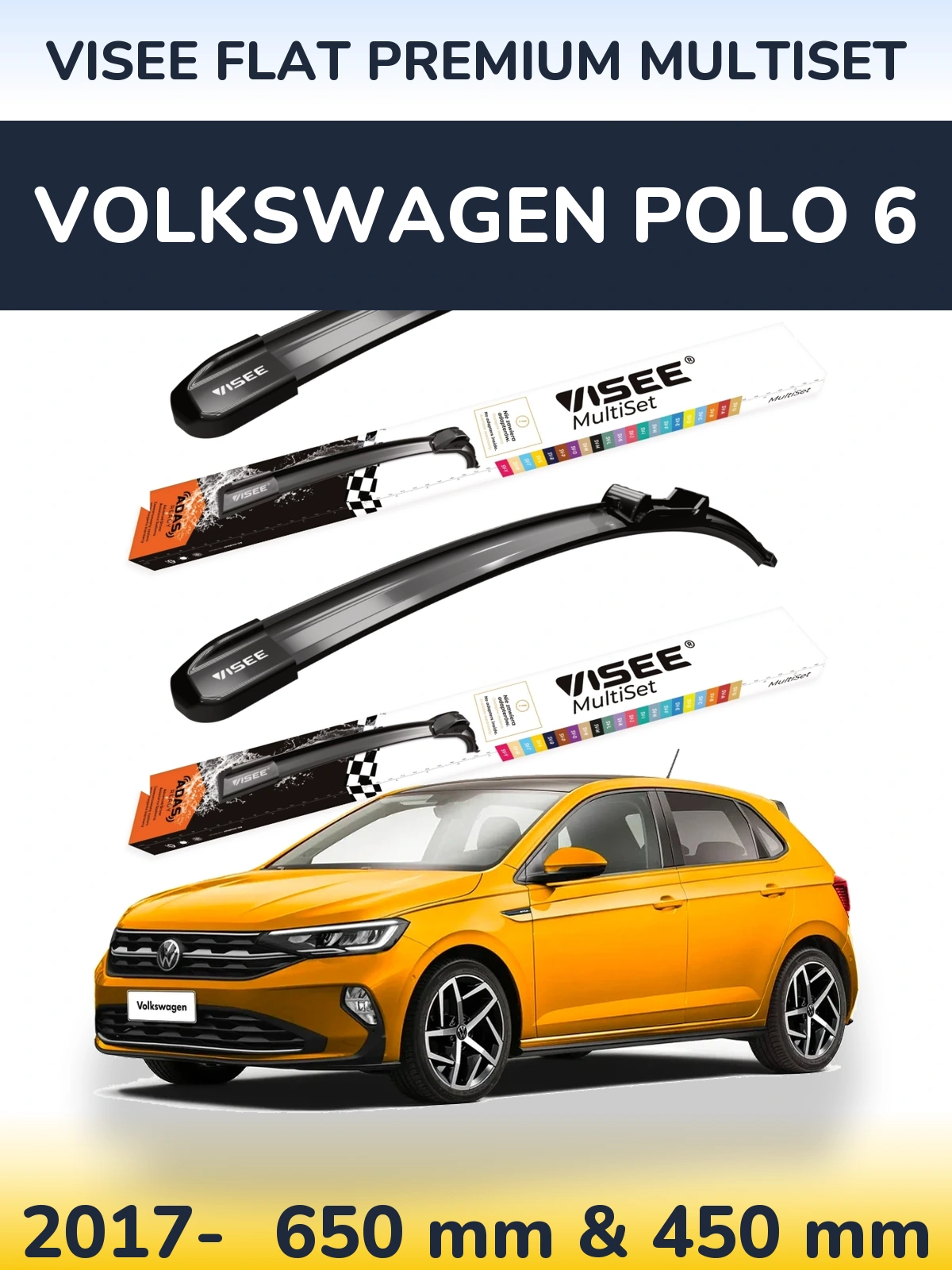 Комплект передних дворников VISEE FLAT PREMIUM MultiSet 650 & 450 мм для Volkswagen Polo 6 2017-2026