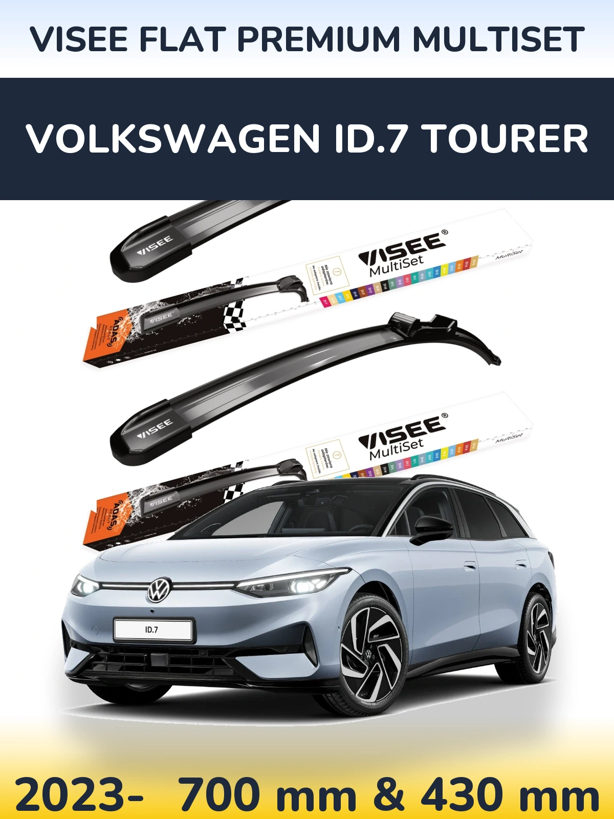 Komplet przednich wycieraczek VISEE FLAT PREMIUM MultiSet 700 & 430 mm do Volkswagen ID.7 Tourer 2023-2026