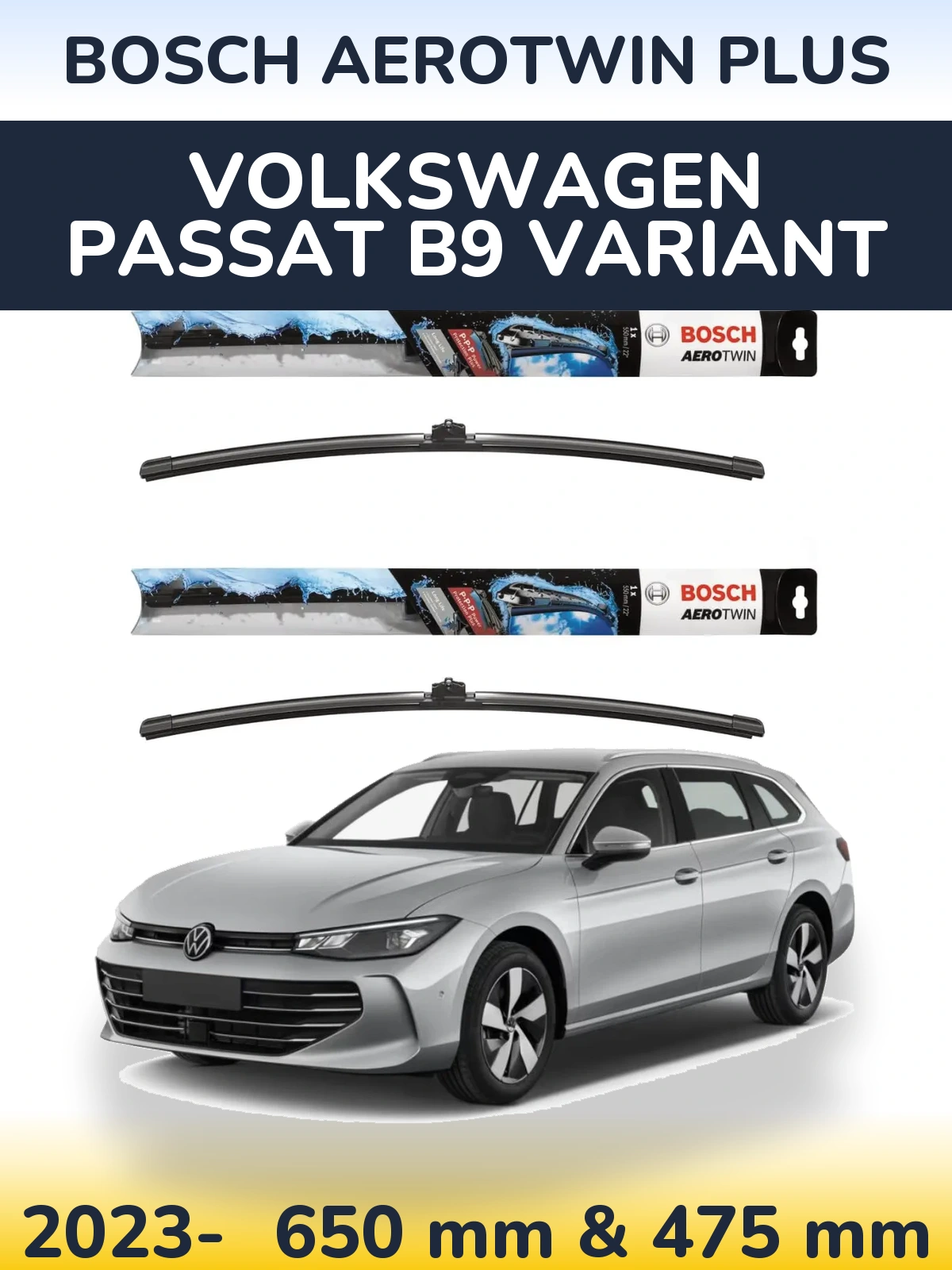 Комплект передних дворников BOSCH AeroTwin Plus 650 & 475 мм для Volkswagen Passat B9 Variant 2023-2026