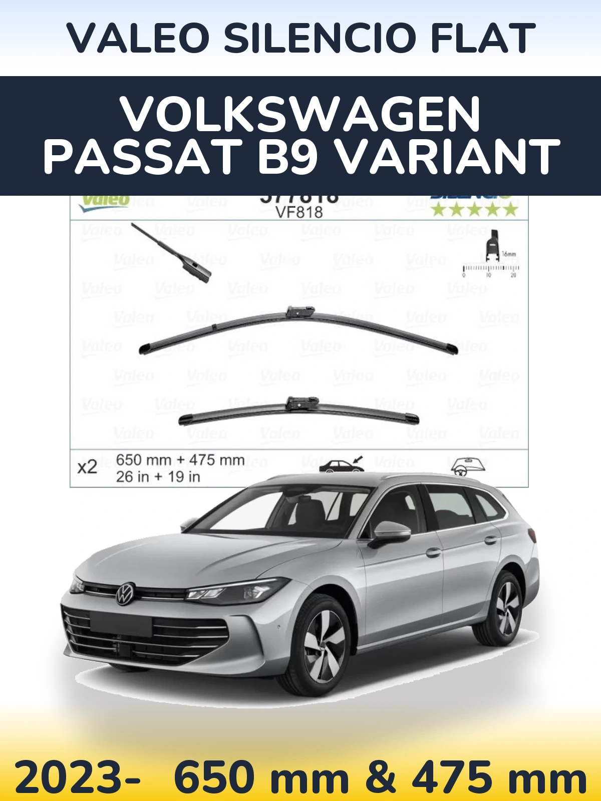 Комплект передних дворников Valeo Silencio Flat 650 & 475 мм для Volkswagen Passat B9 Variant 2023-2026