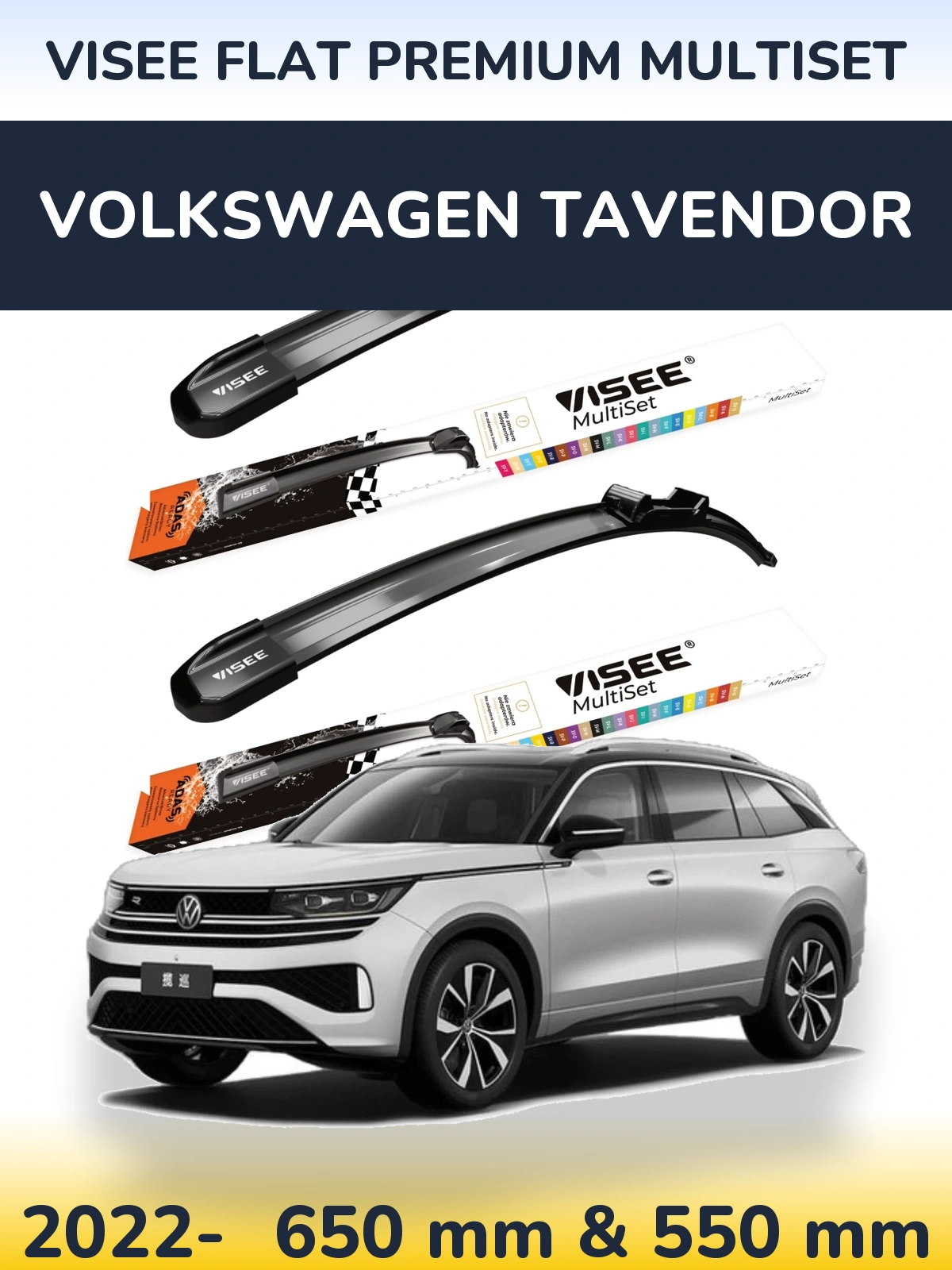 Komplet przednich wycieraczek VISEE FLAT PREMIUM MultiSet 650 & 550 mm do Volkswagen Tavendor 2022-2026