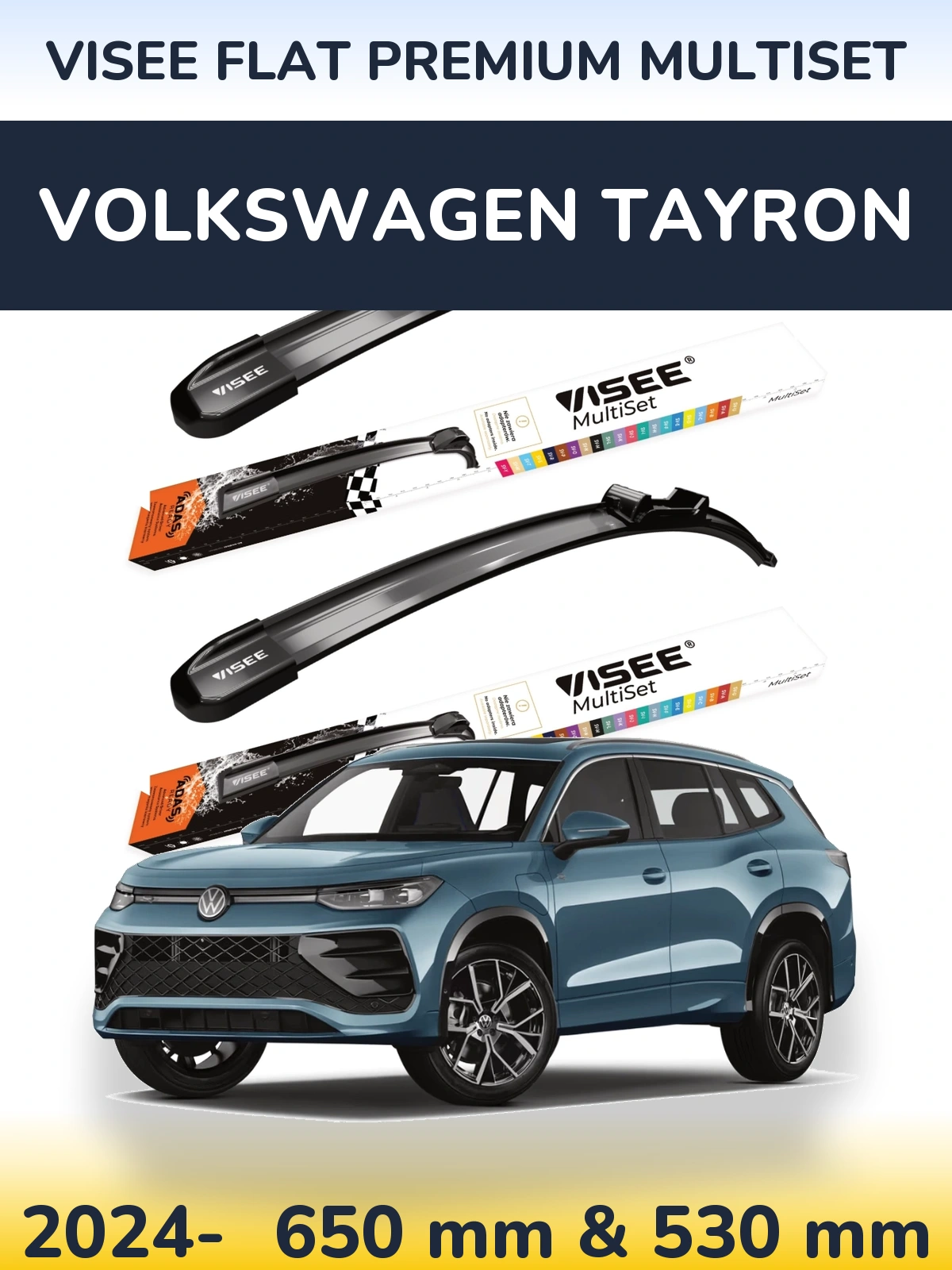Front wiper blade set VISEE FLAT PREMIUM MultiSet 650 & 530 mm for Volkswagen Tayron 2024-2026