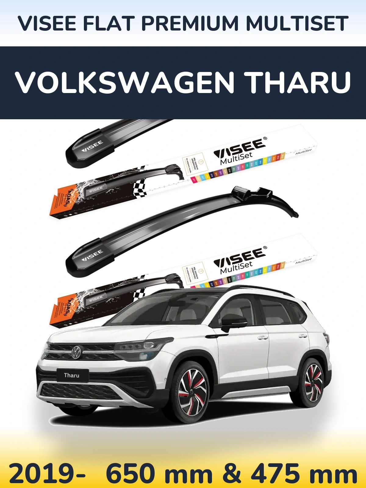 Komplet przednich wycieraczek VISEE FLAT PREMIUM MultiSet 650 & 475 mm do Volkswagen Tharu 2019-2026