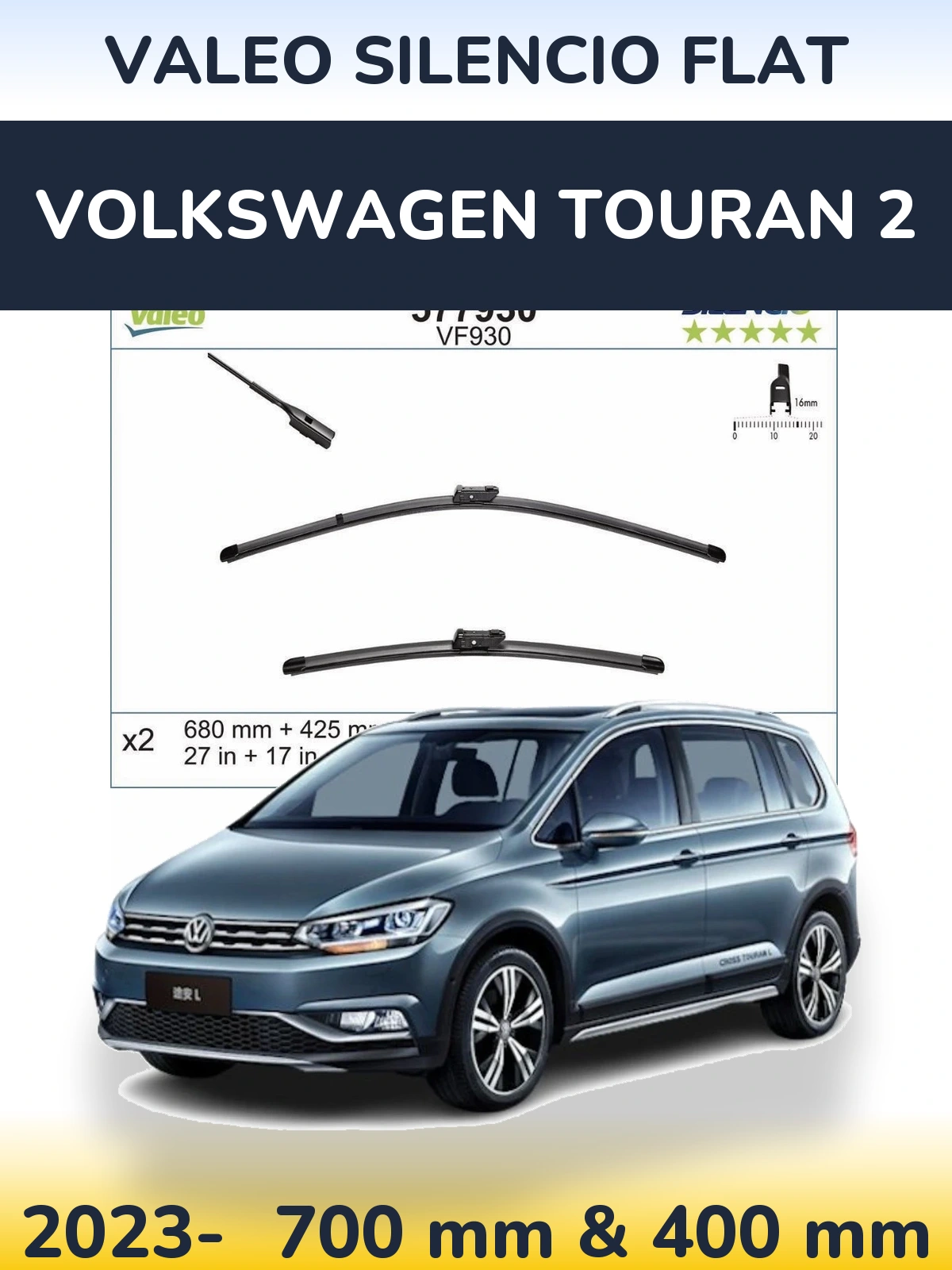 Komplet przednich wycieraczek Valeo Silencio Flat 680 & 400 mm do Volkswagen Touran 2 2023-2026