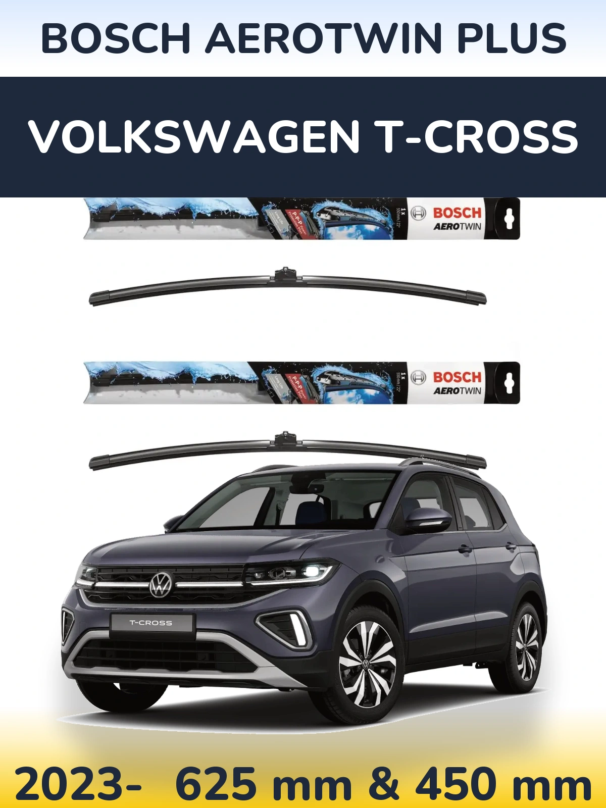 Комплект передних дворников BOSCH AeroTwin Plus 600 & 450 мм для Volkswagen T-Cross 2023-2026