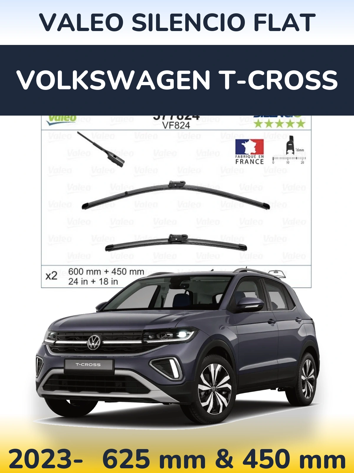 Komplet przednich wycieraczek Valeo Silencio Flat 600 & 450 mm do Volkswagen T-Cross 2023-2026