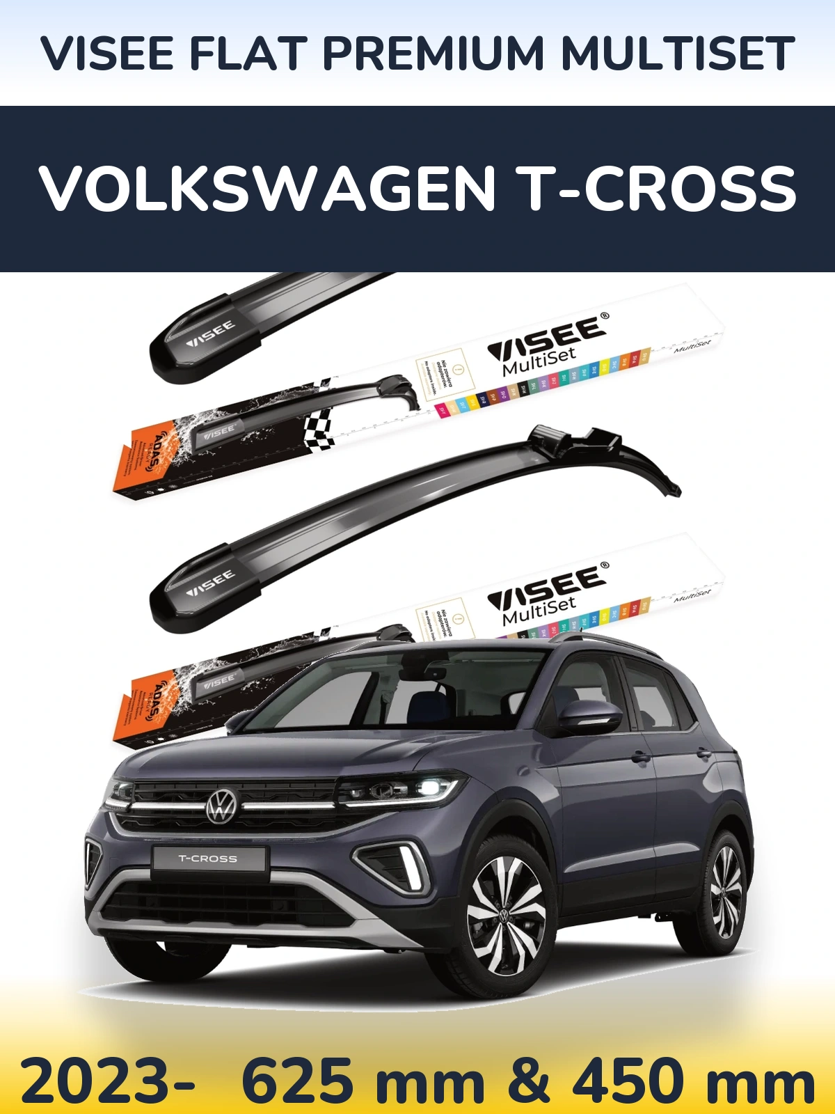 Komplet przednich wycieraczek VISEE FLAT PREMIUM MultiSet 630 & 450 mm do Volkswagen T-Cross 2023-2026