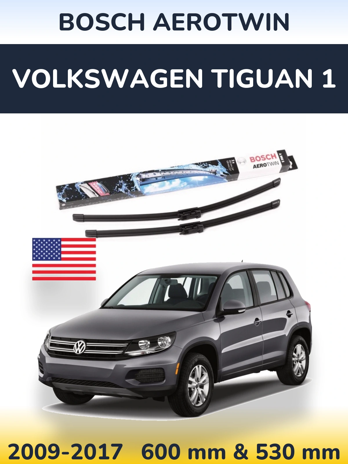 Front wiper blade set BOSCH AeroTwin 600 & 530 mm for Volkswagen Tiguan 1 2009-2017