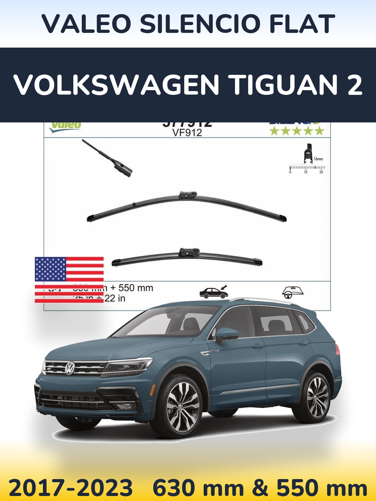 Komplet przednich wycieraczek Valeo Silencio Flat 630 & 550 mm do Volkswagen Tiguan 2 2017-2023