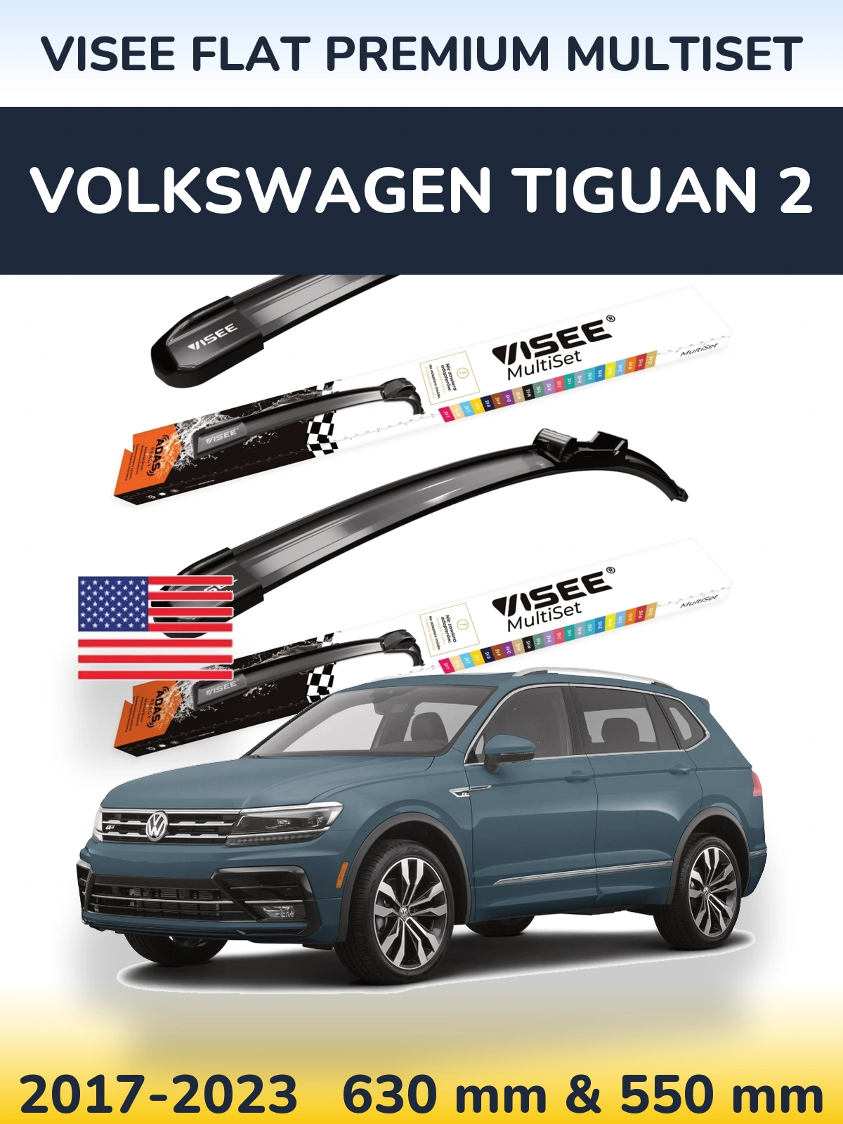 Комплект передних дворников VISEE FLAT PREMIUM MultiSet 630 & 550 мм для Volkswagen Tiguan 2 2017-2023