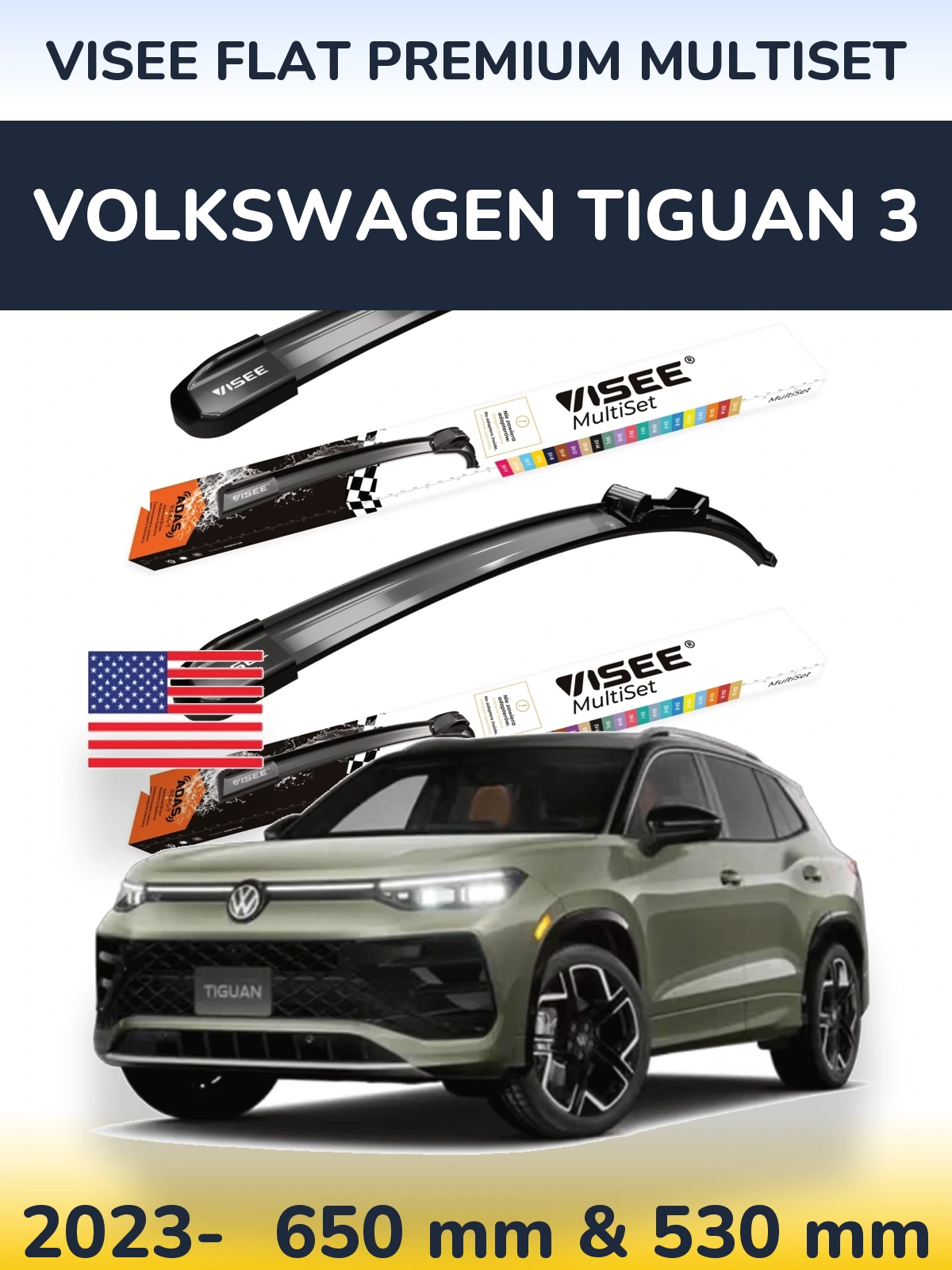 Комплект передних дворников VISEE FLAT PREMIUM MultiSet 650 & 530 мм для Volkswagen Tiguan 3 2023-2026