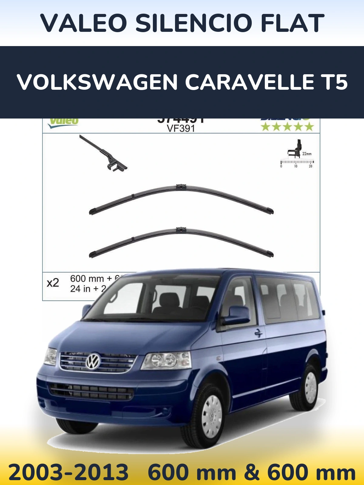 Комплект передних дворников Valeo Silencio Flat 600 & 600 мм для Volkswagen Caravelle T5 2003-2013