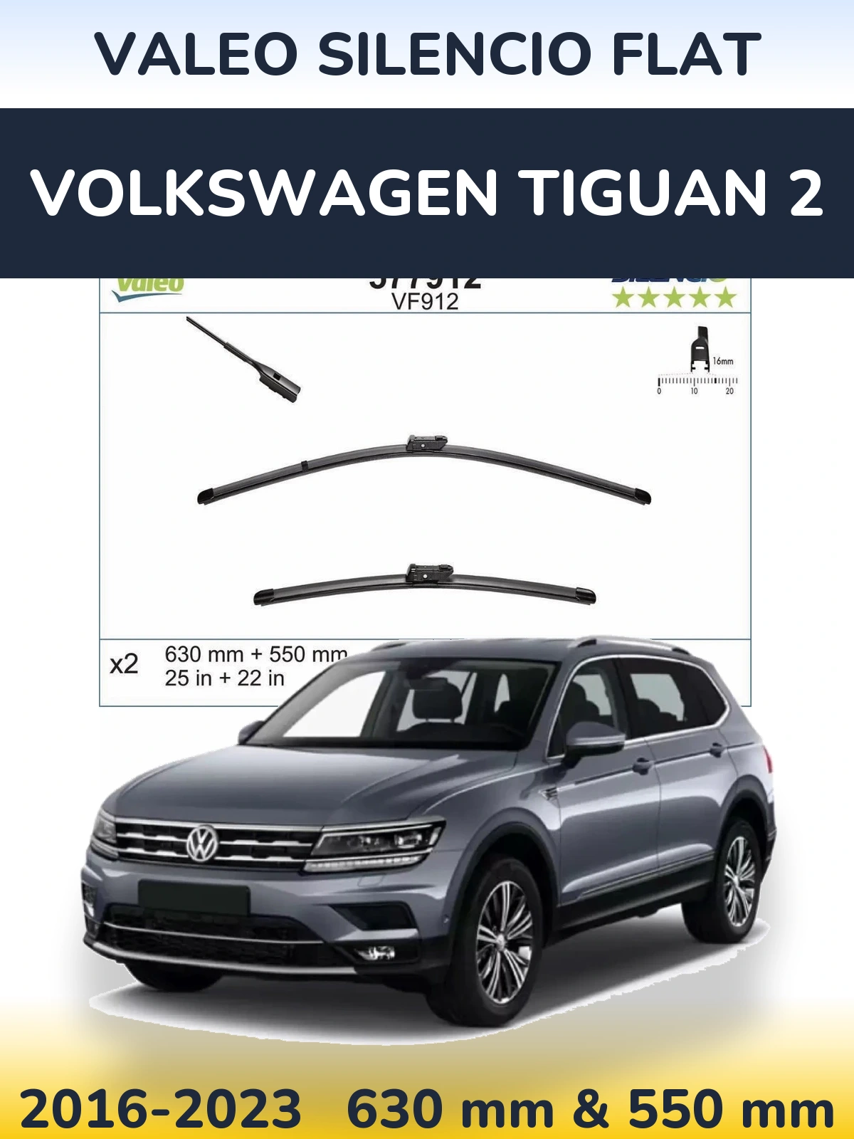 Комплект передних дворников Valeo Silencio Flat 630 & 550 мм для Volkswagen Tiguan 2 2016-2023