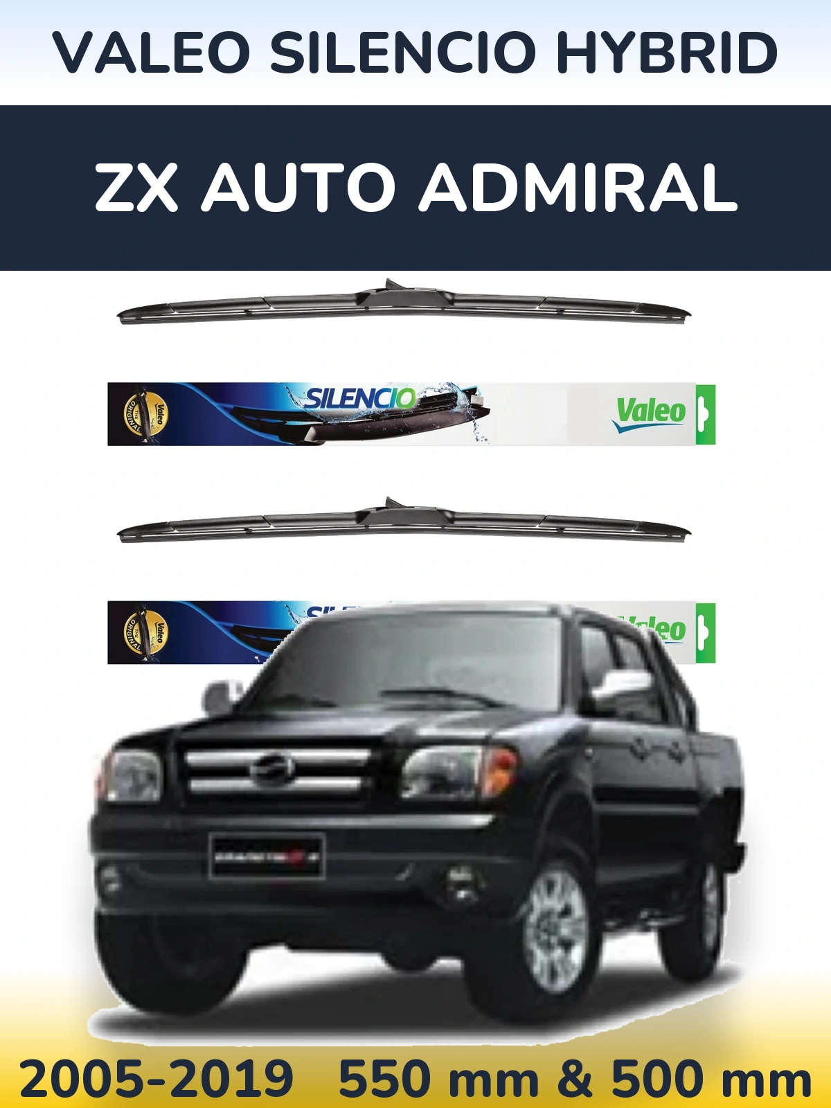 Komplet przednich wycieraczek Valeo Silencio Hybrid 550 & 500 mm do ZX Auto Admiral 2005-2019