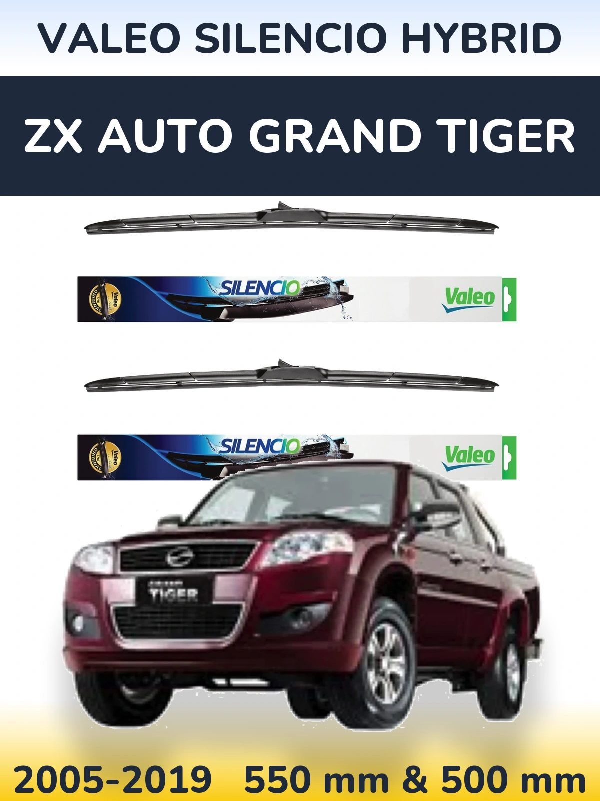 Комплект передних дворников Valeo Silencio Hybrid 550 & 500 мм для ZX Auto Grand Tiger 2005-2019