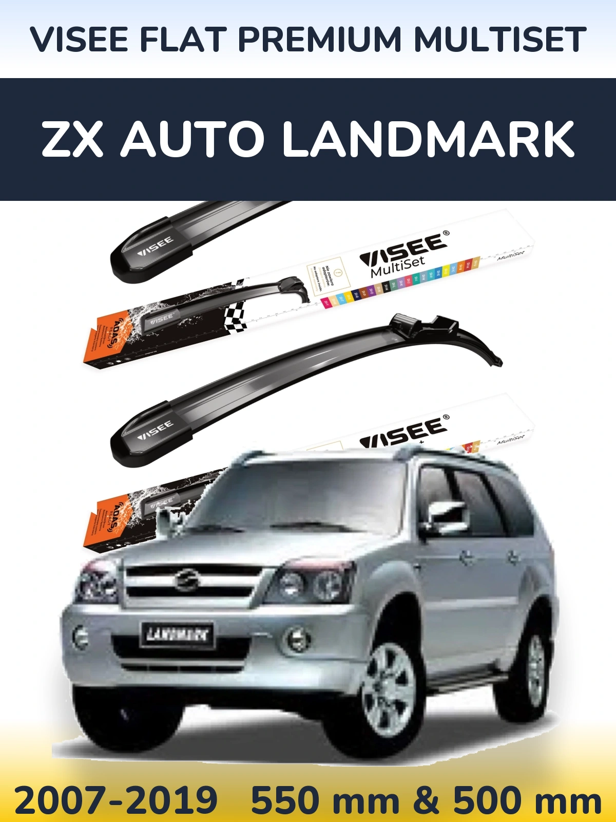 Komplet przednich wycieraczek VISEE FLAT PREMIUM MultiSet 550 & 500 mm do ZX Auto Landmark 2007-2019